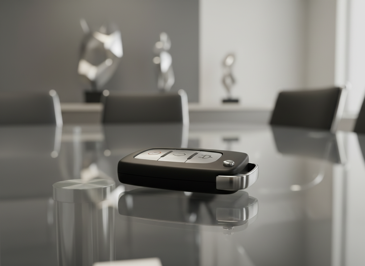 A close-up of a digital car key fob with a sleek matte-black casing and metallic buttons, resting on a flawless glass conference table. Reflections from the table’s surface enhance the sense of precision and high-quality service. Behind, in gentle focus, is a blurred, neutral-colored office interior with angular decor elements, conveying trustworthiness. Ambient soft box lighting highlights the contours of the key and glass, creating subtle gradients and controlled shadows. The atmosphere is modern and sophisticated, perfect for conveying advanced, user-friendly online car rental features. The composition uses an elevated, slightly off-center angle, adhering to a clean, corporate photographic style.