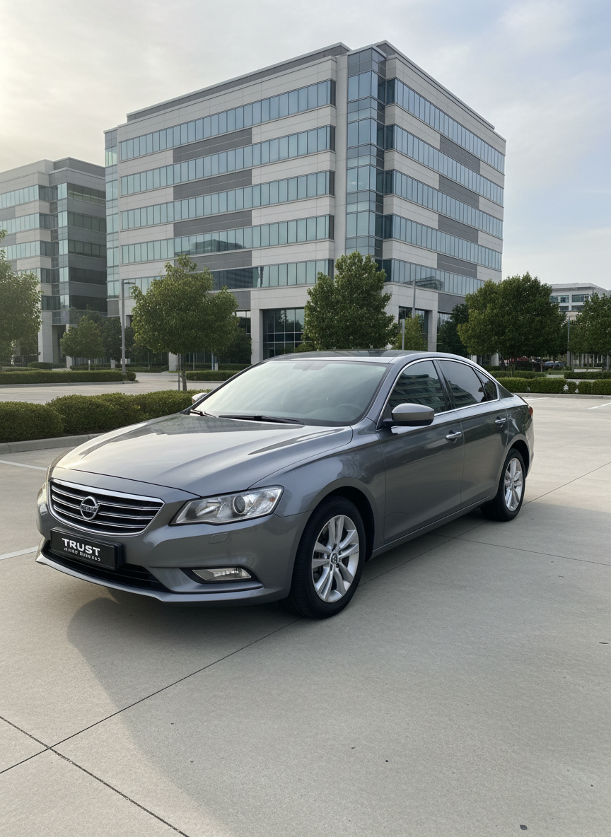 A sleek metallic gray sedan with a flawless, polished exterior and subtle chrome accents is parked in an immaculate, modern office parking lot. The car’s windows reflect the structured lines of a glass-walled corporate building in the background, reinforcing a sense of professionalism. Soft late afternoon sunlight streams through an overcast sky, creating subtle highlights on the car’s curved surfaces and gentle, even shadows along the pavement. The scene feels calm, structured, and inviting, with a sense of reliability and trust. Photographed from a three-quarter front angle at eye level, the composition is balanced and uncluttered, with a photographic realism and a clean, corporate aesthetic that suits a professional vehicle rental business website.
