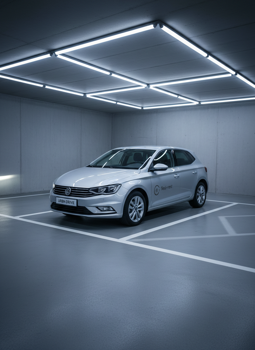 A minimalist scene featuring a single, elegant silver hatchback with understated branding, parked diagonally within a sharply defined, empty parking bay bordered by white lines. The setting is a spacious underground garage with smooth concrete floors and cool neutral-toned walls, devoid of clutter or distractions. Overhead LED strip lighting creates crisp, defined highlights along the car’s surface, and geometric shadows on the ground, emphasizing structure and order. The mood is calm, professional, and efficient, with the composition centered and a slight wide-angle lens effect for depth. The visual style is photographic, structured, and aligned with a business-focused aesthetic, ideal for highlighting flexibility in hourly or rapid rentals.